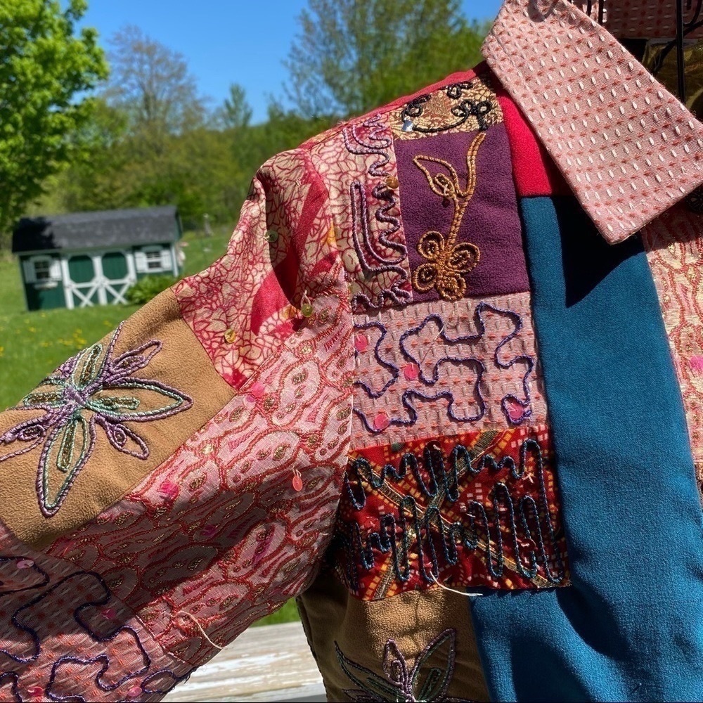 Vintage Alex Kim Wearable Art Patchwork Colorblock Sequined Jacket Petite Large - Picture 11 of 12